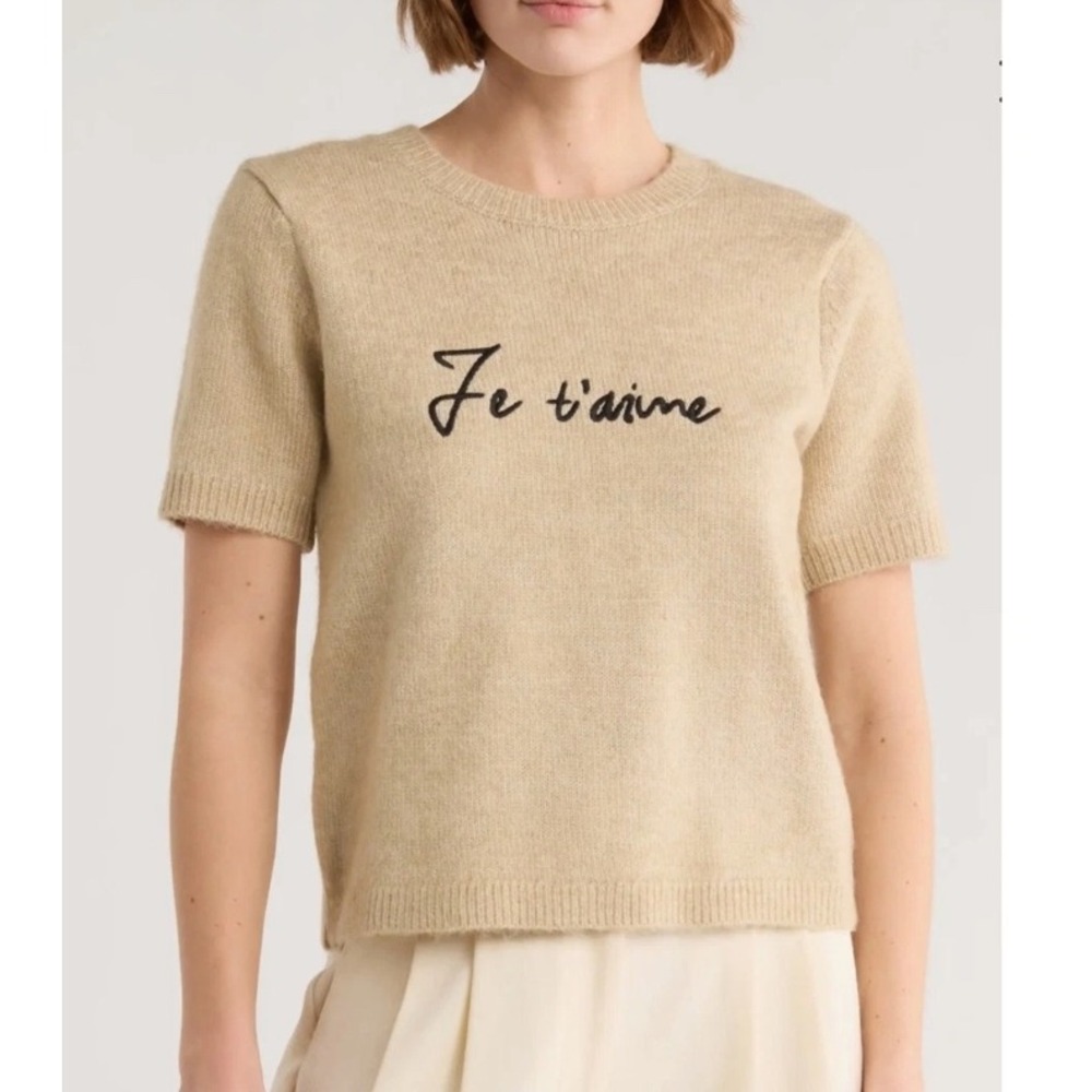 Sanctuary Je T'aime Short Sleeve Sweater Beige Knit Crewneck Top Large